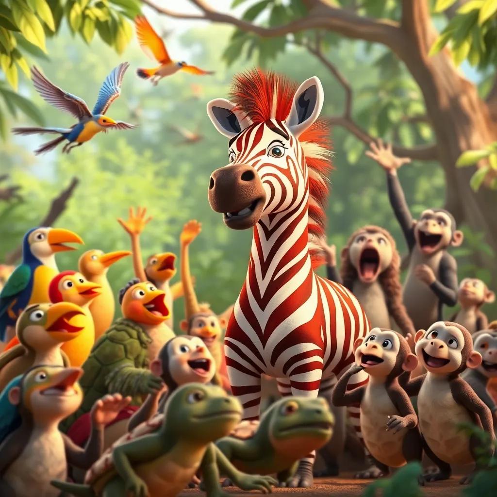 Excited animals like birds, turtles, and monkeys, gathered and cheering for Zuri the colorful zebra, colorful and joyful scene, illustration, imaginative, high quality