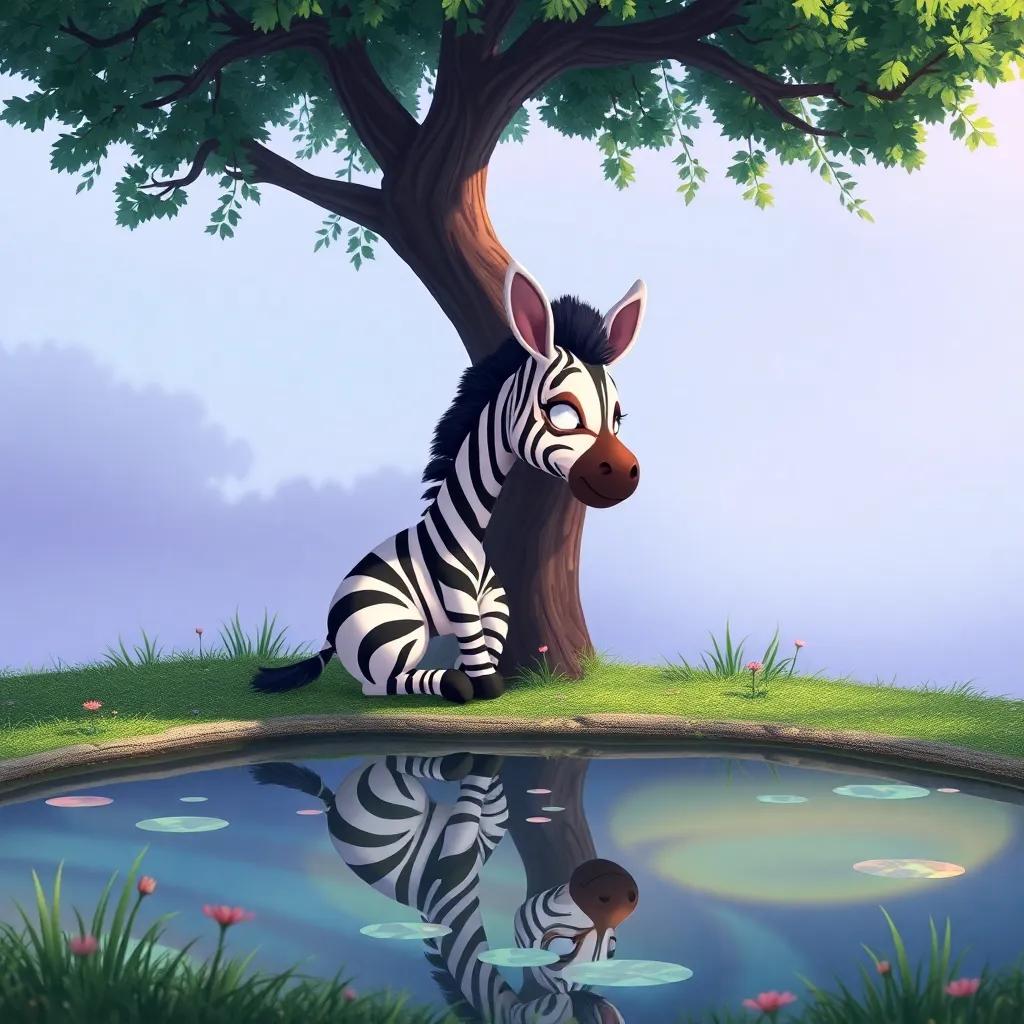 A thoughtful Zuri the zebra, sitting alone under a tree, pondering and looking at her colorful reflection in a pond, illustration, serene, emotional, high quality