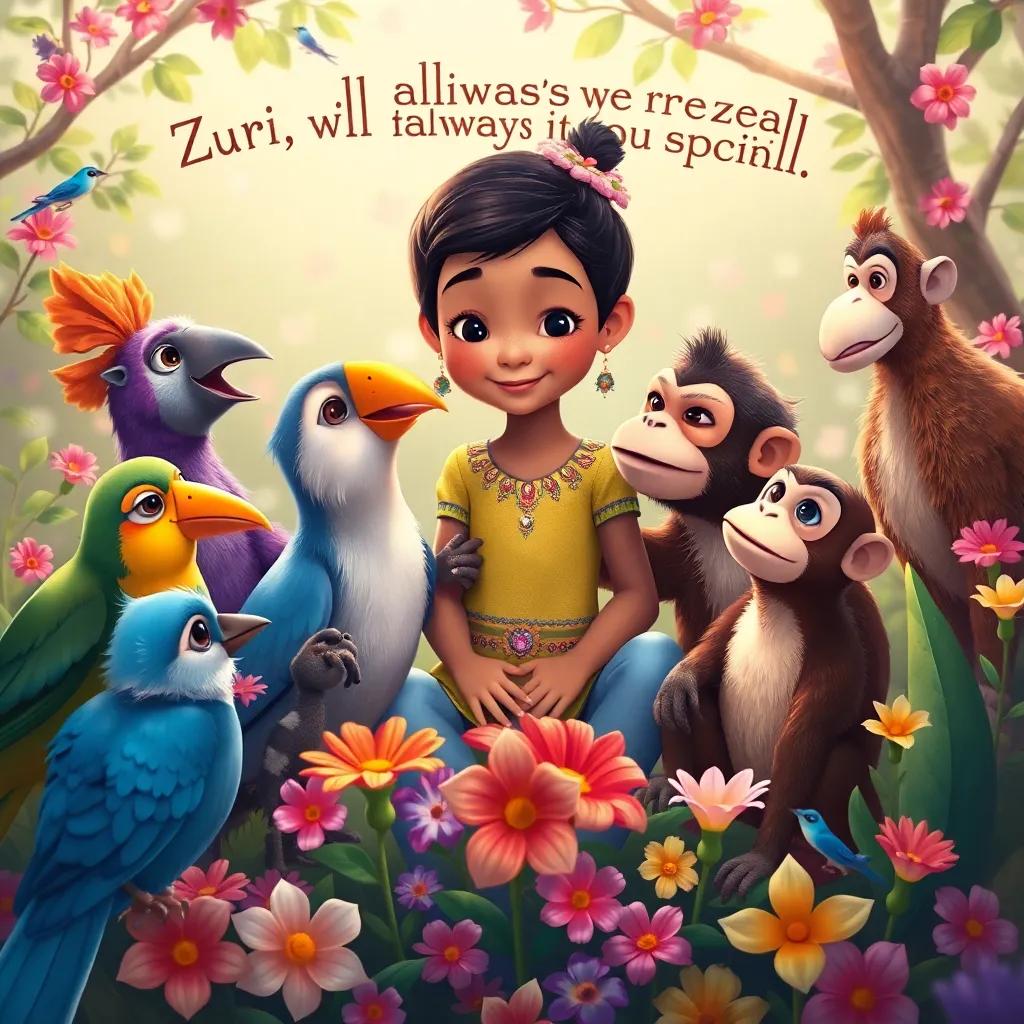 Animals such as birds and monkeys gathered around Zuri, saying she will always be special, surrounded by colorful flowers, illustration, heartwarming, uplifting, high quality