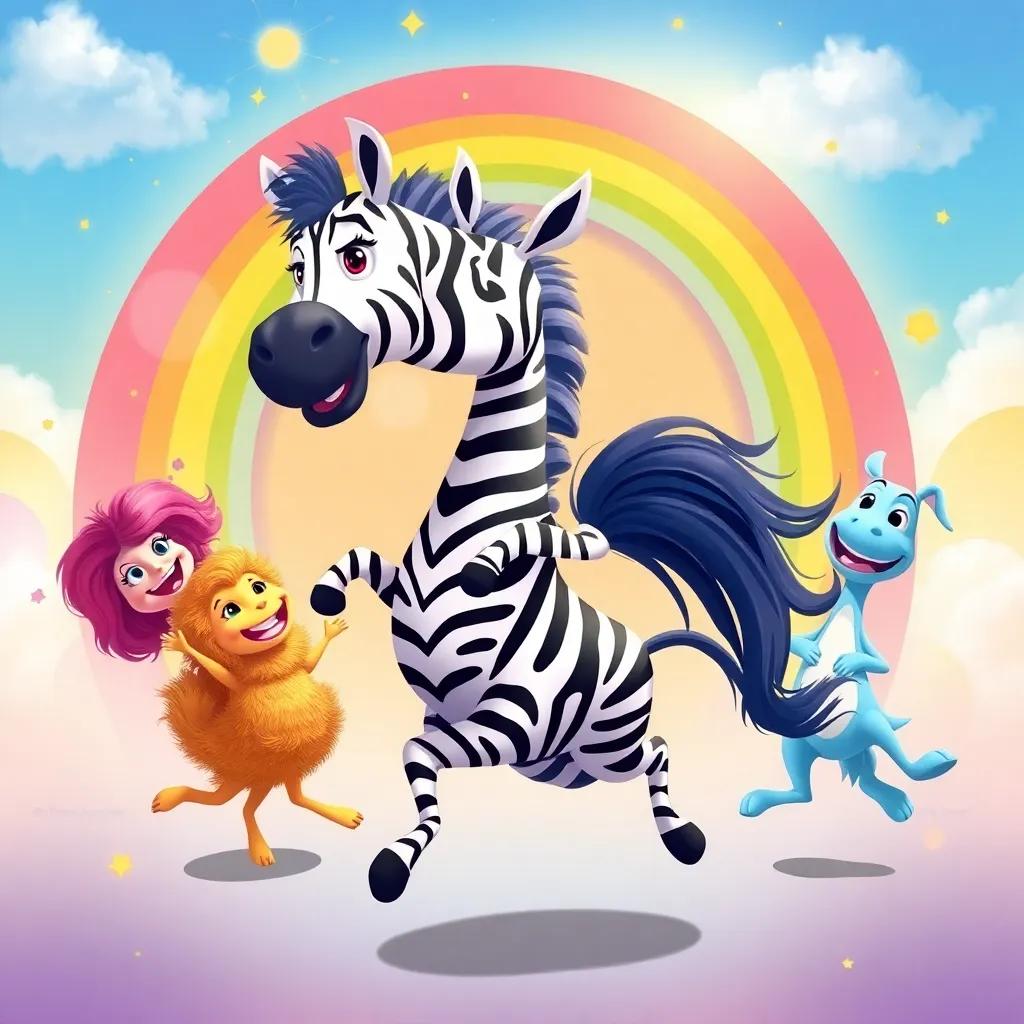 Zuri the zebra, dancing happily with her colorful friends under a rainbow, joyful explosion of colors and laughter, illustration, fun, festive, high quality