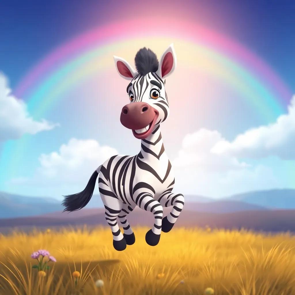 Zuri the zebra smiling brightly and skipping in the field with her colorful skin, a rainbow shining in the sky above her, illustration, bright, cheerful, high quality