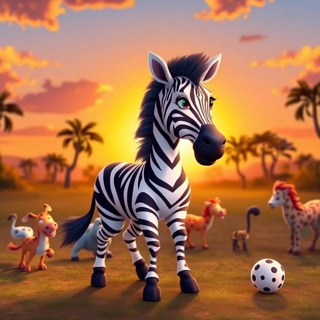 Zuri the zebra, confidently strutting her colors while playing with friends, playful animals around, a beautiful sunset in the background, illustration, warm, inviting, high quality