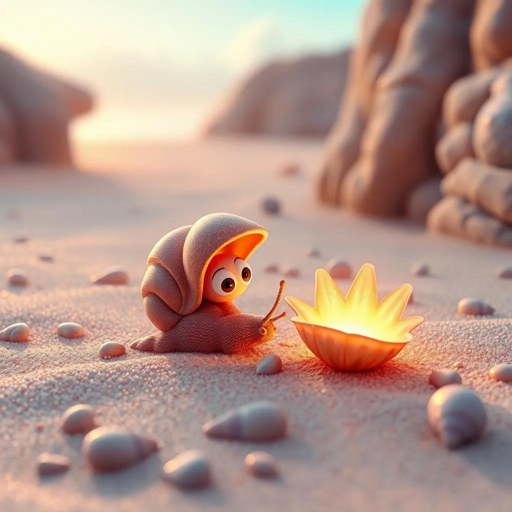 Una escena colorida en la playa con un caracol curioso llamado Carlos, con una concha rayada brillante, mirando conchas en la arena, arte digital, colores vibrantes, ambiente alegre, alta calidad