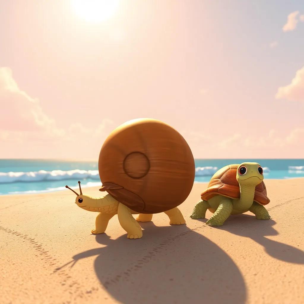Carlos el caracol rayado, caminando con su amiga tortuga Anita, bajo el sol brillante, explorando la playa, ilustración encantadora, colores cálidos, perspectiva amigable, calidad encantadora