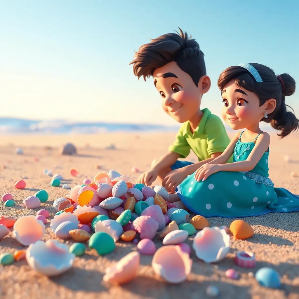 Carlos y Anita encontrando conchas de colores en la playa, conchas rosadas, azules y verdes esparcidas por la arena, alegre atmósfera, arte colorido, escena detallada, calidad alta
