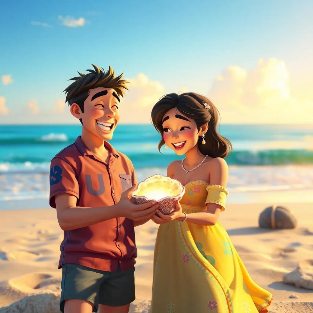 Carlos mostrando una concha brillante a su amiga Anita, ambos sonriendo y disfrutando del momento, escenario de playa, colores brillantes, ambiente positivo, arte alegre, alta calidad