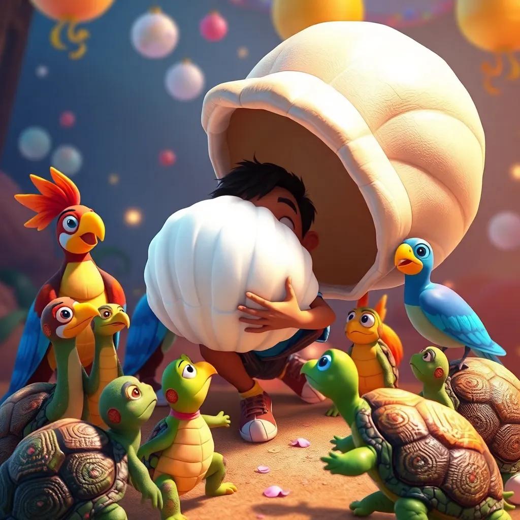 Carlos sosteniendo una gran concha blanca, rodeado de sus amigos caracoles y tortugas, todos admirando la concha, ambiente festivo, colores vibrantes, calidad ilustrativa, digital art