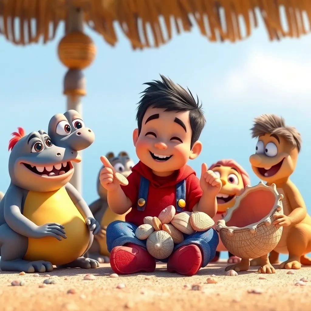 Carlos mostrando su colección de conchas a sus amigos, todos brillando de felicidad en un animado encuentro, escena alegre, colores cálidos, arte amigable, buena calidad
