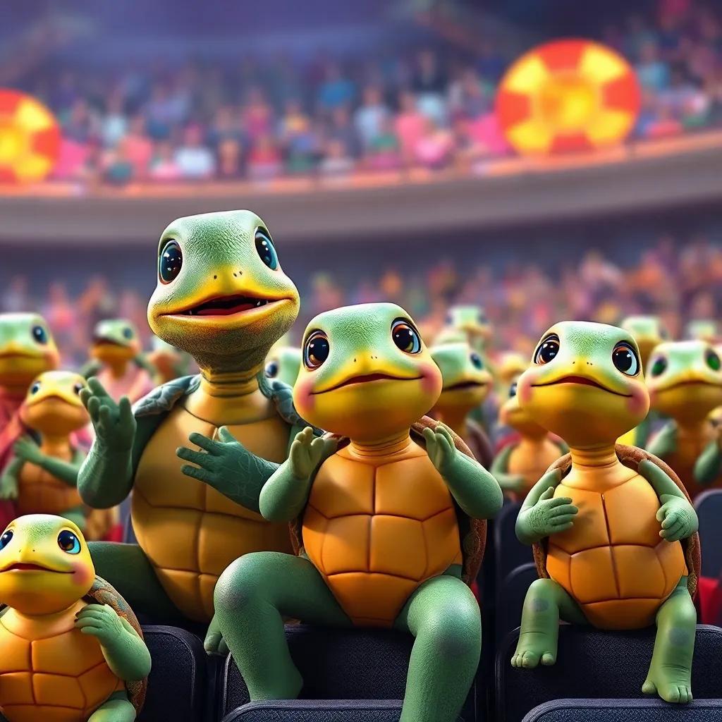 La familia de caracoles y tortugas disfrutando de la exposición, aplaudiendo y sonriendo, en un ambiente lleno de alegría y colores, alta calidad, ilustración viva y jolly