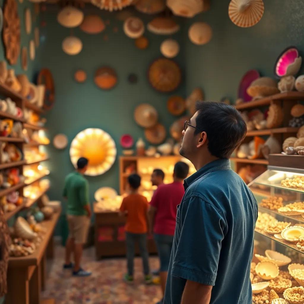 Carlos viendo su colección brillante de conchas en un ambiente maravillosamente alegre, la colección organizada y todos alrededor admirando, colores vivos, arte digital, alta calidad