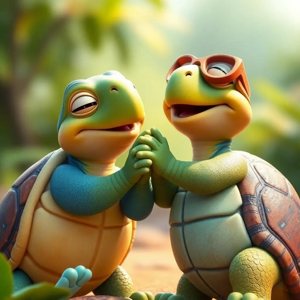 Un momento final de amigos caracoles y tortugas riendo juntos, uniendo sus conchas y disfrutando la amistad, celebración cálida y colorida, arte que evoca alegría, calidad elevada