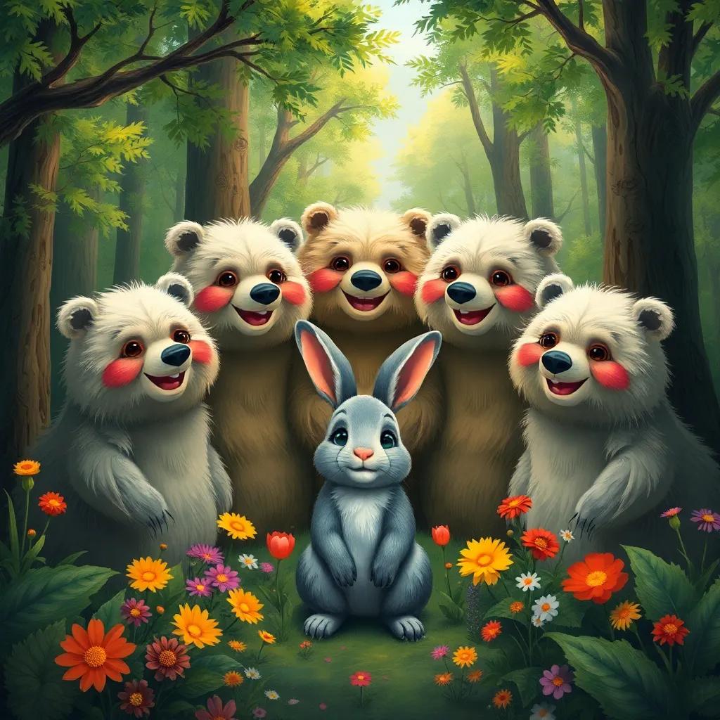 A colorful forest with green trees and flowers, a group of big bears, all with fluffy fur and friendly smiles, standing in a circle around a small rabbit, Raúl, who has soft gray fur, big ears, and a cheerful expression, digital art, vibrant colors, inviting atmosphere, high quality