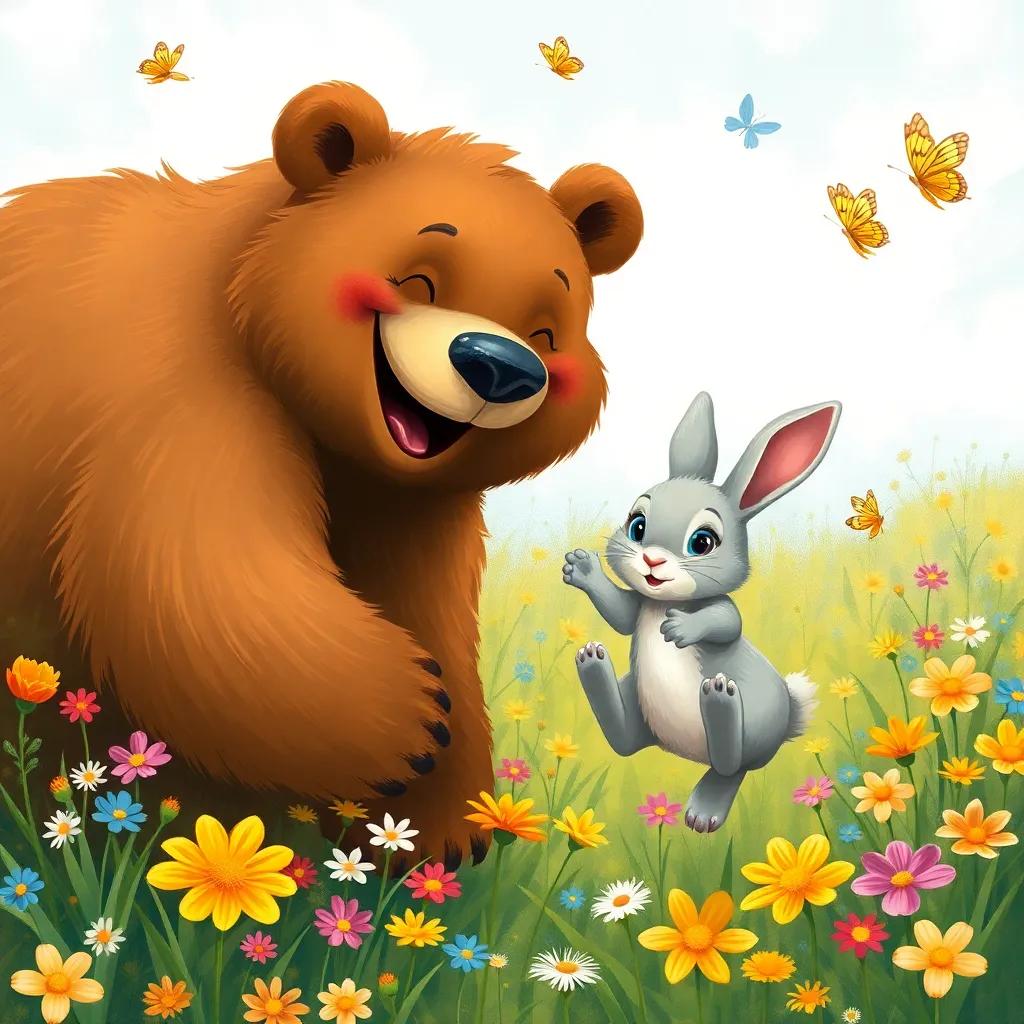 Olga, a large brown bear with a warm smile, playfully interacting with Raúl, the small rabbit with soft gray fur and bright eyes, both jumping happily in a field of colorful flowers, surrounded by sunlight and playful butterflies, illustration, joyful scene, child-friendly