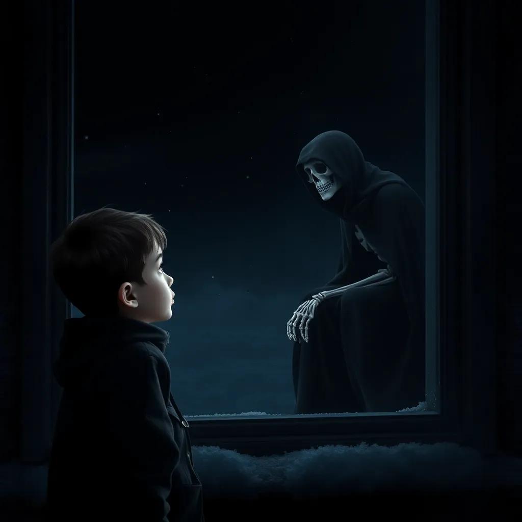 A dark, cold night with a little boy named Pedro, looking out the window at a mysterious figure kneeling. The figure is skeletal, dressed in a flowing black cloak, with a ghostly smile. Pedro shows a mix of fear and curiosity, digital art, moody atmosphere, vibrant contrasts, high quality.