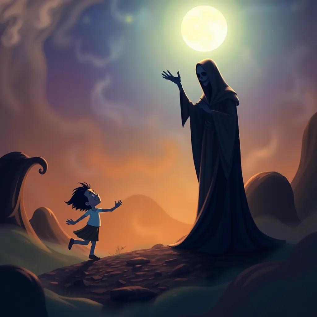 The figure of Death, standing tall and graceful, inviting Pedro to dance under a bright moonlight. The background is a whimsical landscape with swirling shadows and light, Pedro joyfully moving, children-friendly design, colorful, dreamlike quality.
