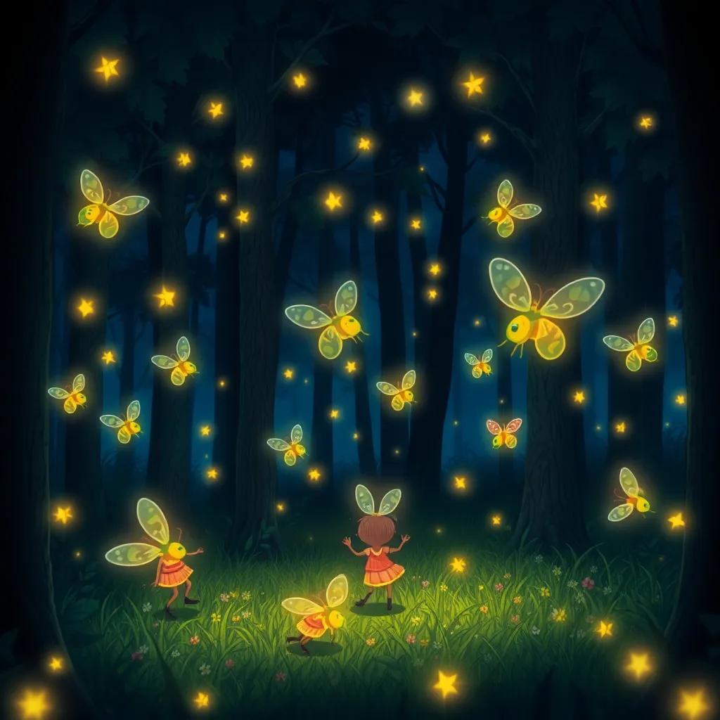 A group of fireflies dancing in a dark forest, their lights flickering like stars, creating a magical atmosphere, child-friendly, vibrant colors, enchanting night scene