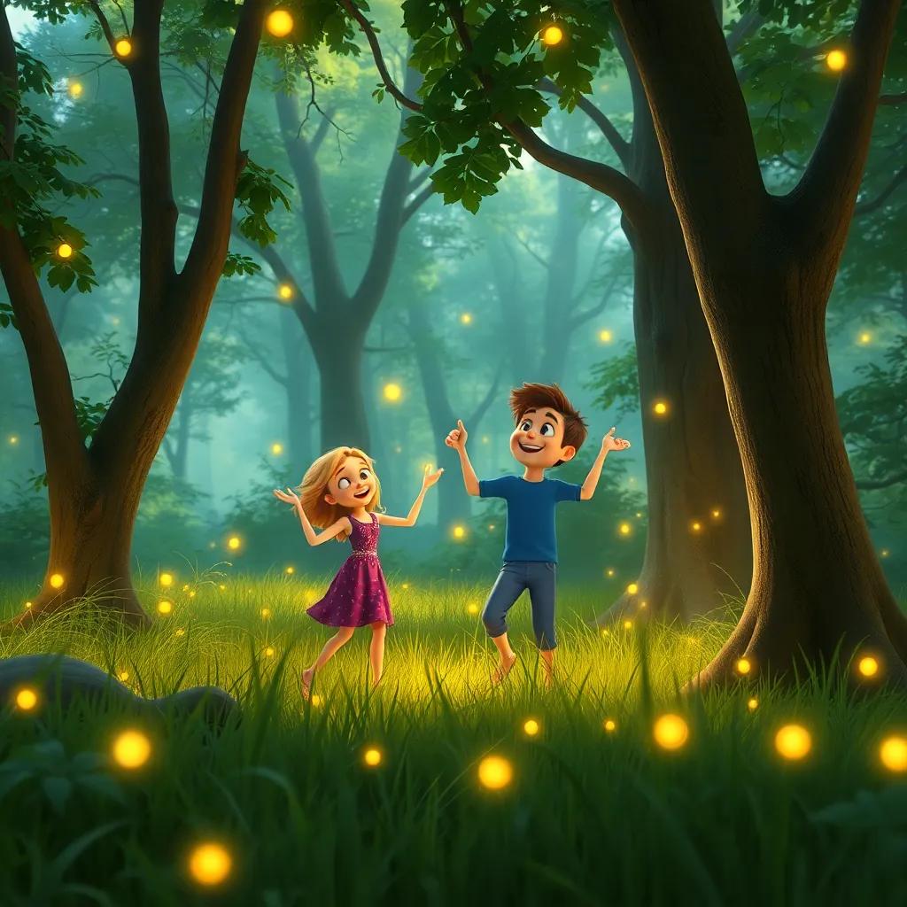 A clear in the forest, with fireflies practicing their dance steps, joyful expressions, surrounded by trees and soft grass, digital art, cheerful vibe, warm light