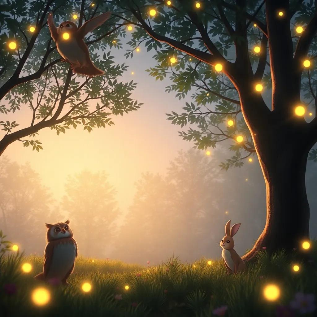 A gentle breeze blowing through the trees as the music arrives, fireflies illuminated, with curious animals like owls and rabbits watching, playful mood, soft glow