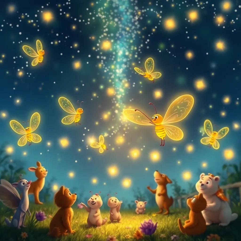 Fireflies twirling and spinning with glowing lights, inviting their friends to join in the celebration, surrounded by amazed animals, heartwarming, colorful scenery