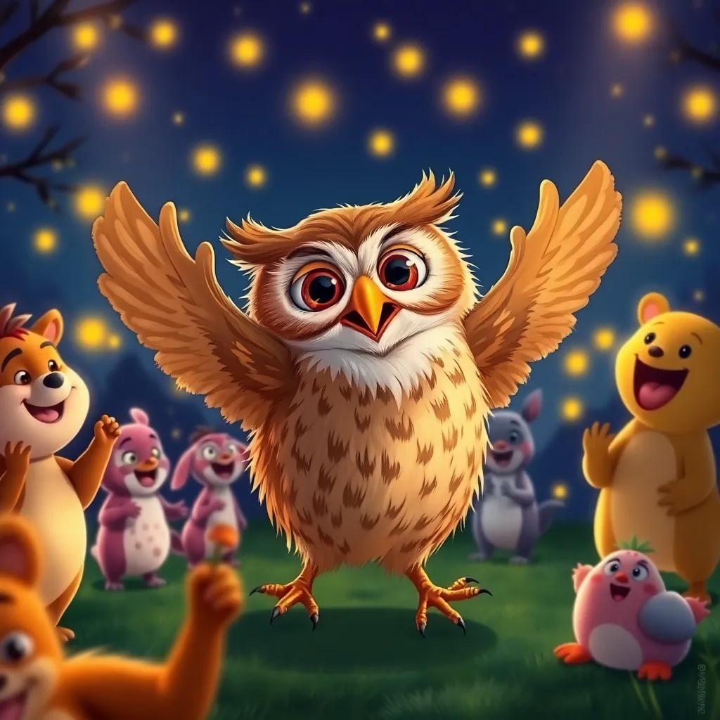 A clumsy owl trying to dance, other animals cheering and laughing, fireflies lighting up the night, creating a fun and playful scene, vibrant colors, joyous expression