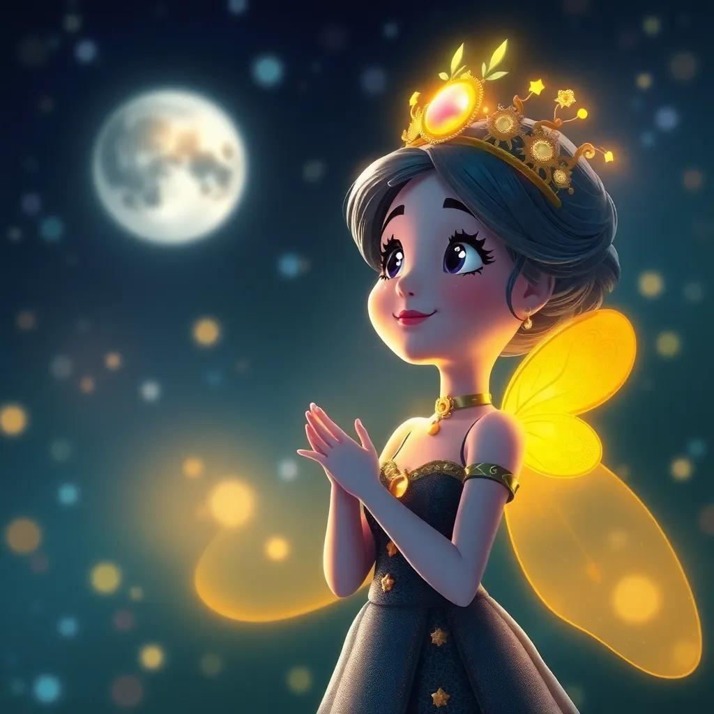 Luna, the queen firefly, watching over the dance with a happy smile, inspiring all with her light, detailed digital art, magical atmosphere, child-friendly