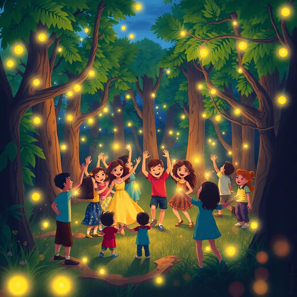 A lively forest filled with dancing friends, fireflies illuminating the night with their lovely glow, everyone enjoying the celebration, bright and colorful, heartwarming illustration