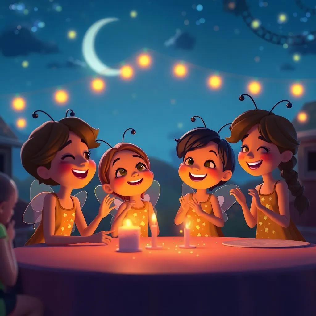 The celebration coming to an end at midnight, fireflies thanking their friends, smiles, and joy all around, warm lighting, peaceful night scene