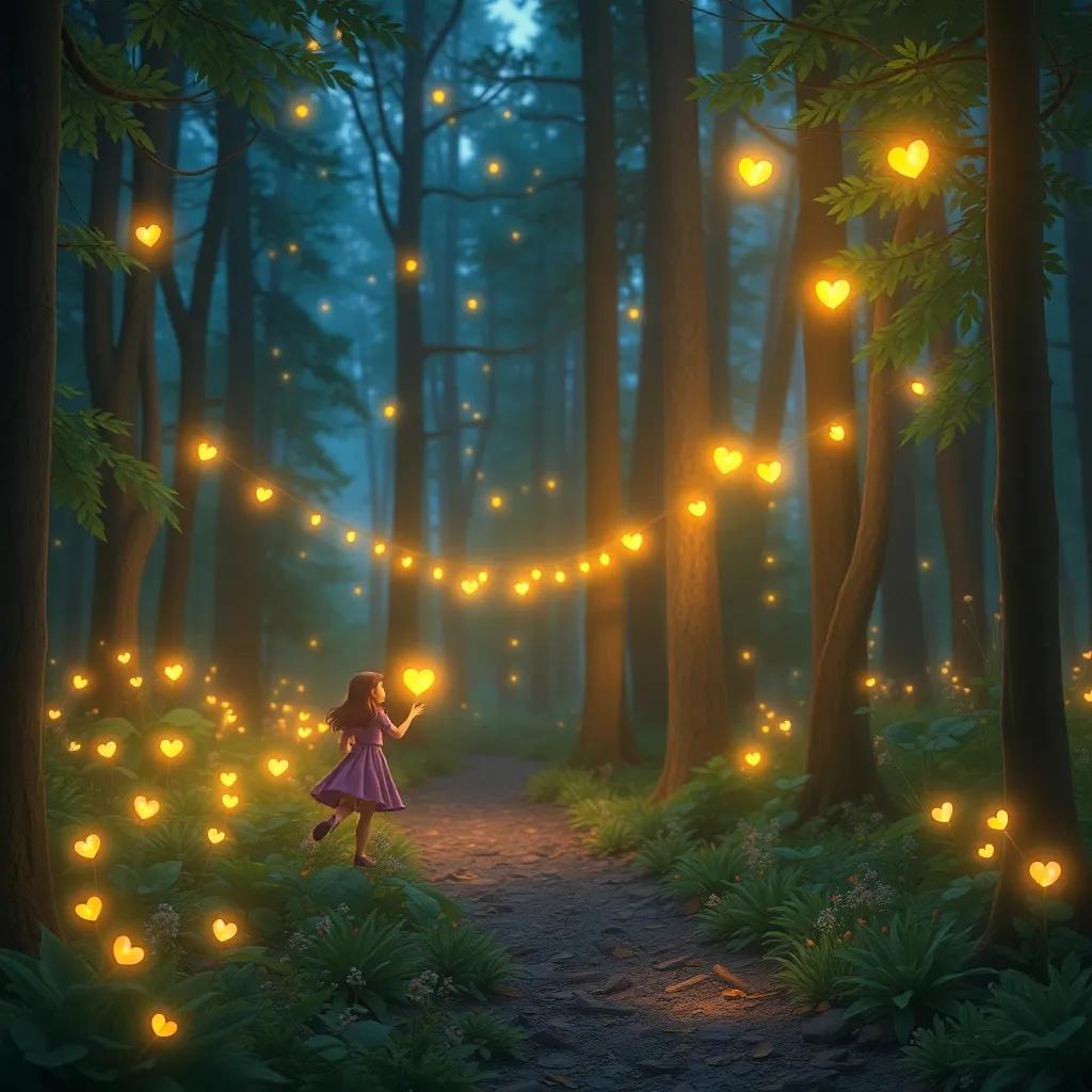 The forest in silence but with glowing hearts, fireflies knowing that friendship is the best dance of all, bright colors, serene atmosphere, touching imagery