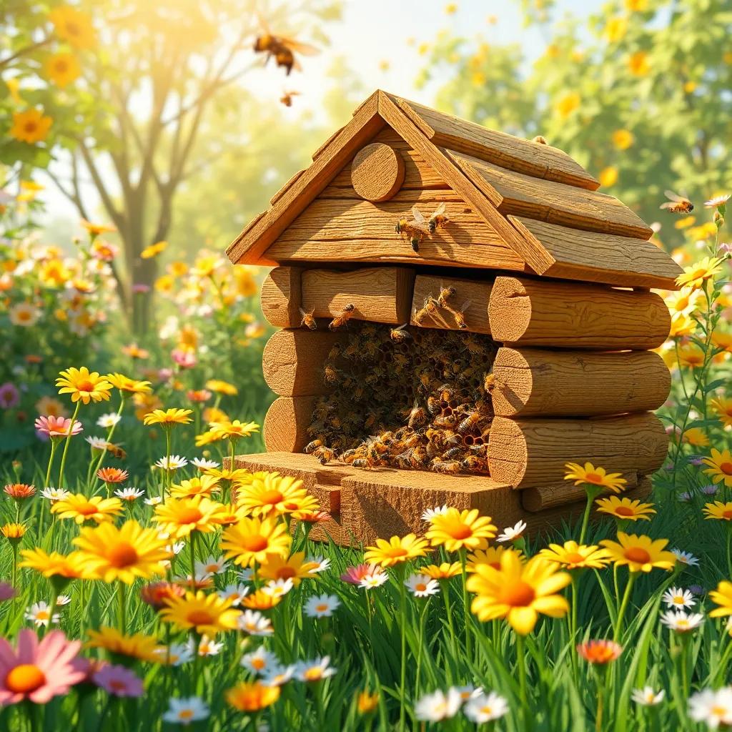 A beautiful meadow with a buzzing beehive full of busy bees, bright flowers surrounding the hive, warm sunlight shining down, digital art, vibrant colors, cheerful atmosphere, high quality