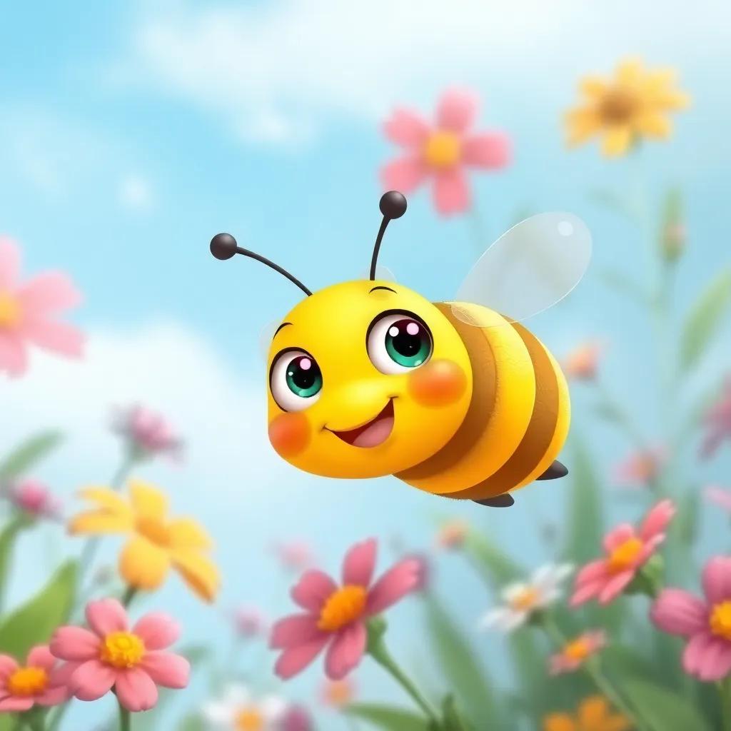 A small bee named Bella, a little yellow bee with big friendly eyes, flying happily over colorful flowers, gathering nectar, illustration, detailed, adventure-themed, child-friendly