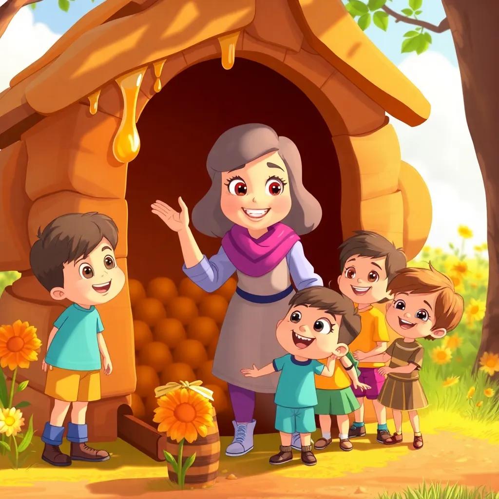 Bella guiding the children to the beehive, a cozy and warm-looking beehive with honey dripping, children smiling and eager to help, bright and sunny day, illustration, uplifting, vibrant colors