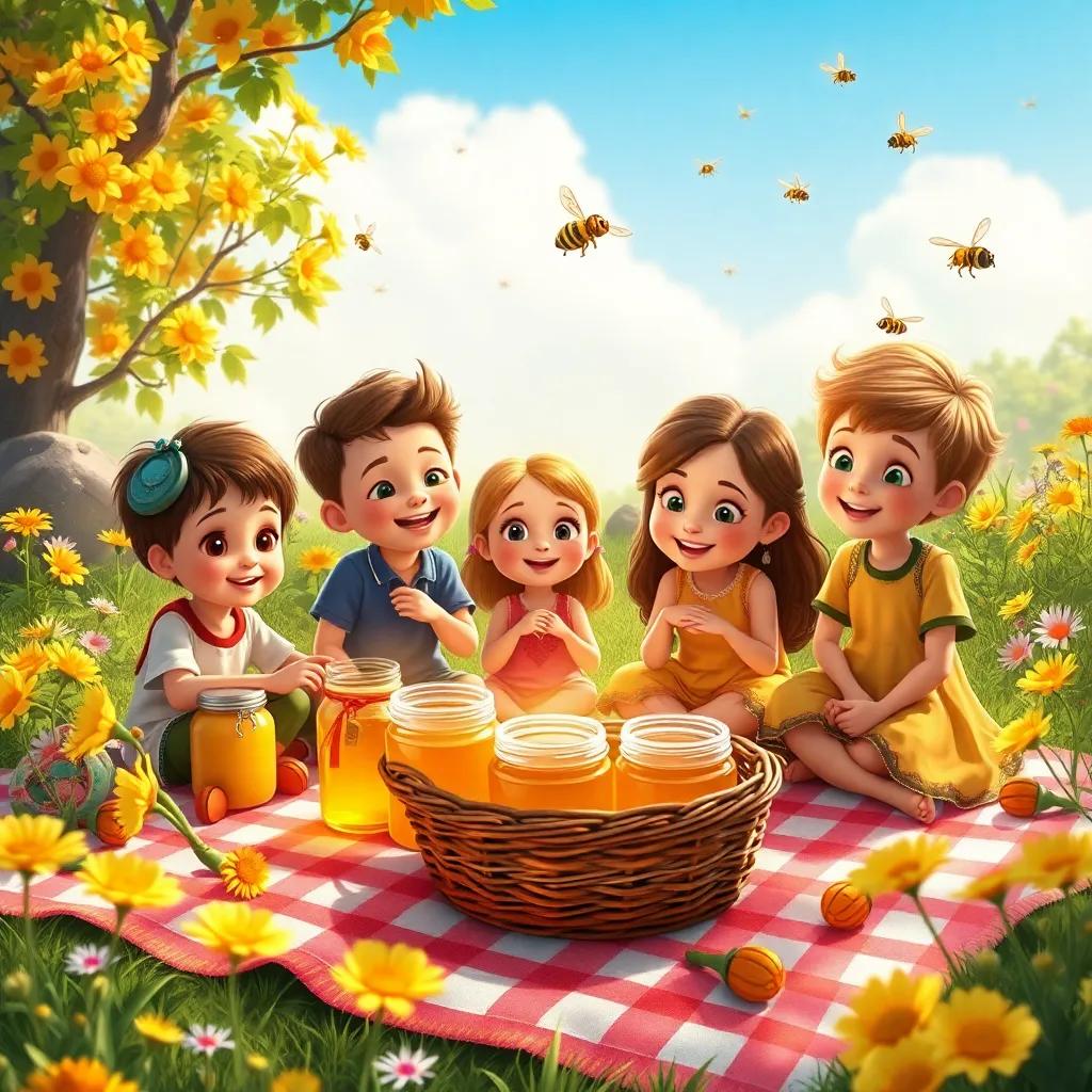 The children and Bella celebrating together with a delicious picnic, jars of honey on a blanket, surrounded by flowers and bees buzzing happily, bright colors, happy atmosphere, storytelling view, fantasy