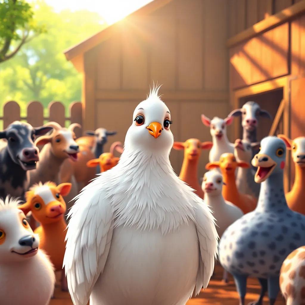 A wise dove, Paloma, with soft feathers, excitedly gathering farm animals, colorful barn scene, cheerful atmosphere, sunlight filtering through trees, detailed digital art, vibrant