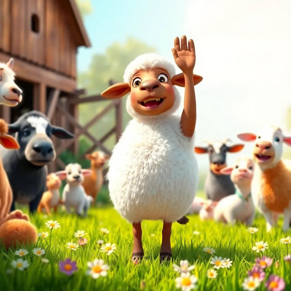 A fluffy sheep, Oveja, happily raising a hoof, surrounded by various farm animals listening attentively, green grass and flowers, bright and sunny day, joyful digital illustration, inviting