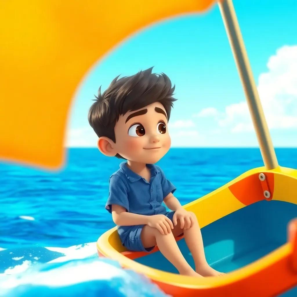 A boy named Lucas, a young Hispanic boy with short, dark hair wearing a simple blue shirt and shorts, sitting in a small colorful boat, looking at the horizon with a determined expression, vivid blue sea and sky, whimsical, adventure-themed, bright colors, cheerful atmosphere, digital art, vibrant and engaging, high quality