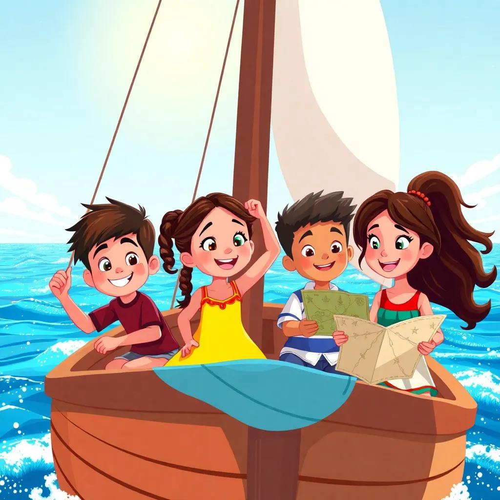 A diverse group of children on a boat, including a Hispanic boy Lucas, a girl with braided hair wearing a bright dress, a boy fixing a sail with excitement, and a girl with long hair guiding the boat with a star map, sailing through a sunny ocean with sparkling water, illustration, colorful, teamwork vibe, uplifting, friendly scene, high quality