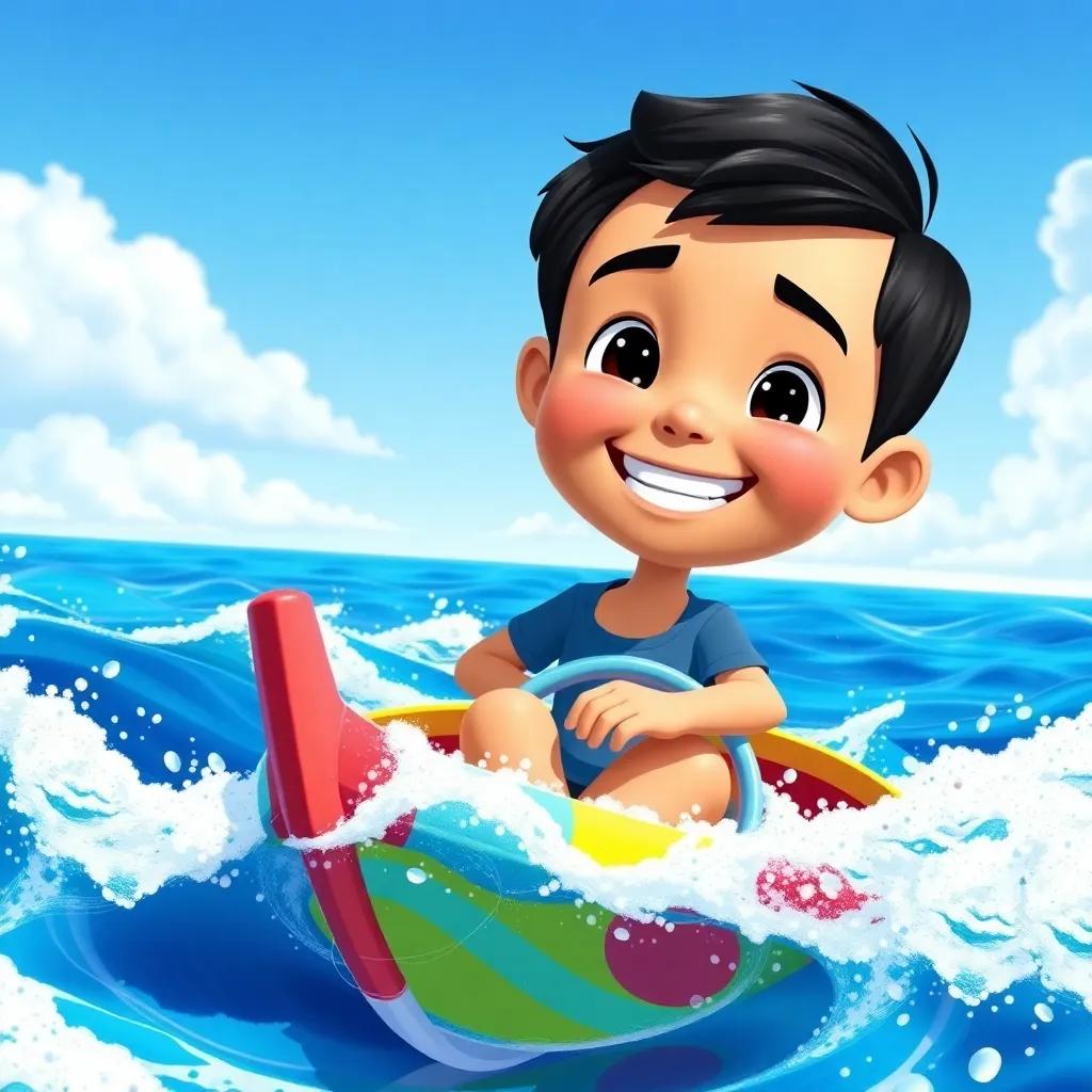 A boy named Lucas, a young Hispanic boy, with short black hair and a bright smile, sailing on a colorful boat on a sunny sea, surrounded by playful waves and a blue sky, digital art, cheerful, vibrant colors, playful atmosphere, high quality