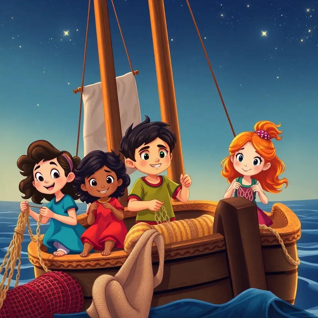 A lively group of diverse children, including Nina, a girl with curly brown hair, Mateo, a boy with glasses and Lucía, a girl with long hair, all happily working together on a boat, knitting nets, repairing sails, and navigating under starry skies, illustration, warmly lit, joyful teamwork, child-friendly