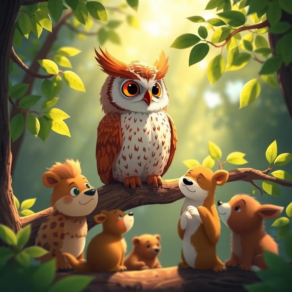The wise owl, their teacher, sitting atop a branch, looking down on the animals, listening to their feelings, surrounded by green leaves and sunlight, warm and inviting, illustration, heartwarming, engaging