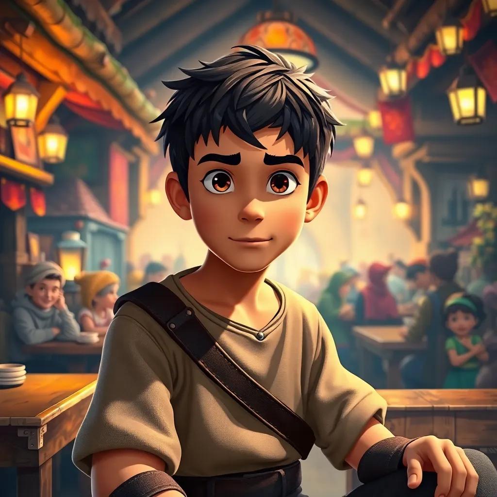 A young brave swordsman, Risk, with short dark hair and a determined face, wearing a simple tunic, sitting in a bustling tavern filled with villagers, lively atmosphere, warm lighting, vivid colors, cheerful perspective, high quality
