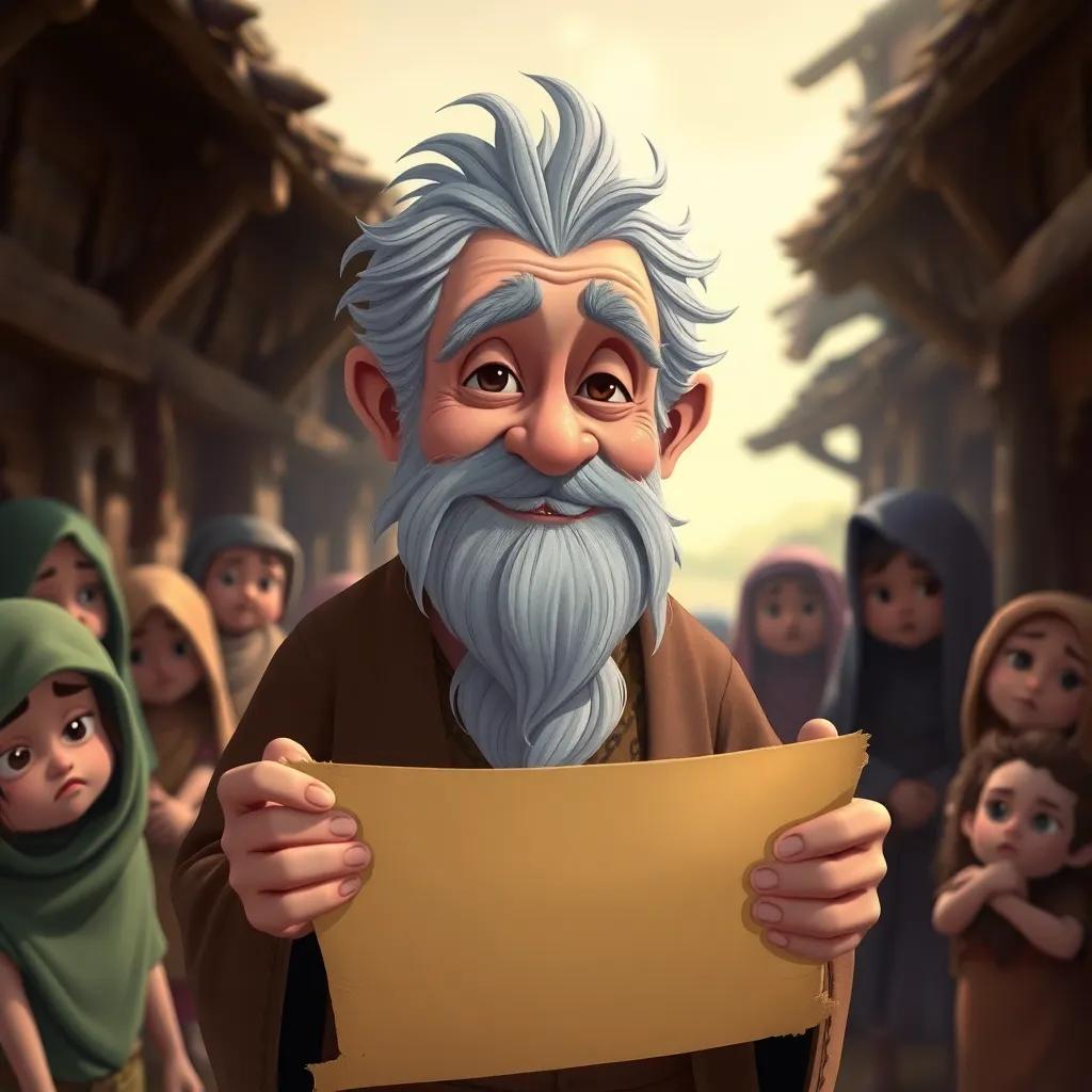 An old wise man, with grey hair and a friendly face, holding a scroll in a rustic village, surrounded by worried villagers, soft lighting, warm colors, inviting scene, detailed illustration, high quality