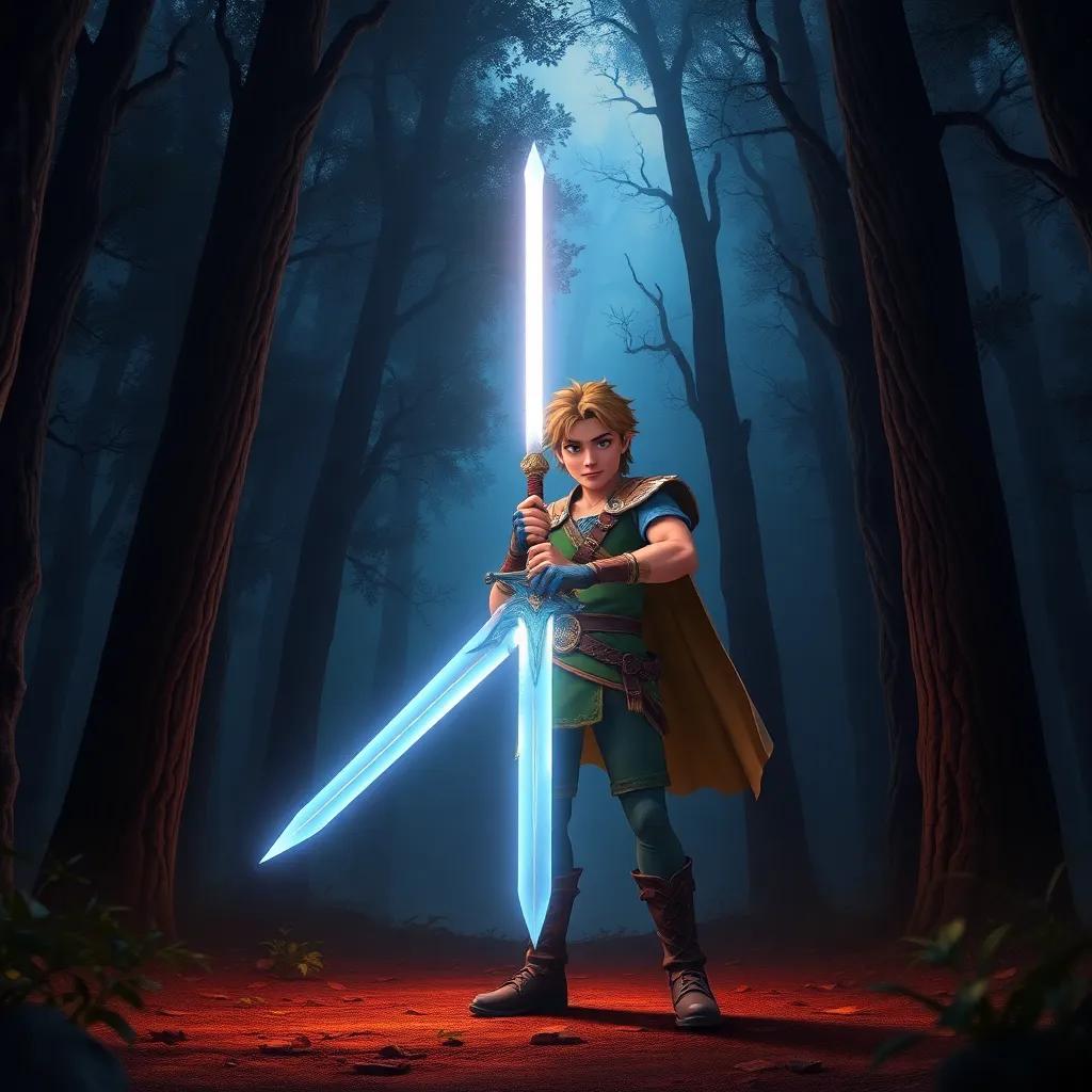 Risk, holding the shining sword 'Luz del Alba', standing tall with a courageous expression in a dark enchanted forest, mystical light shining through the trees, detailed, vibrant colors, dramatic perspective, high quality