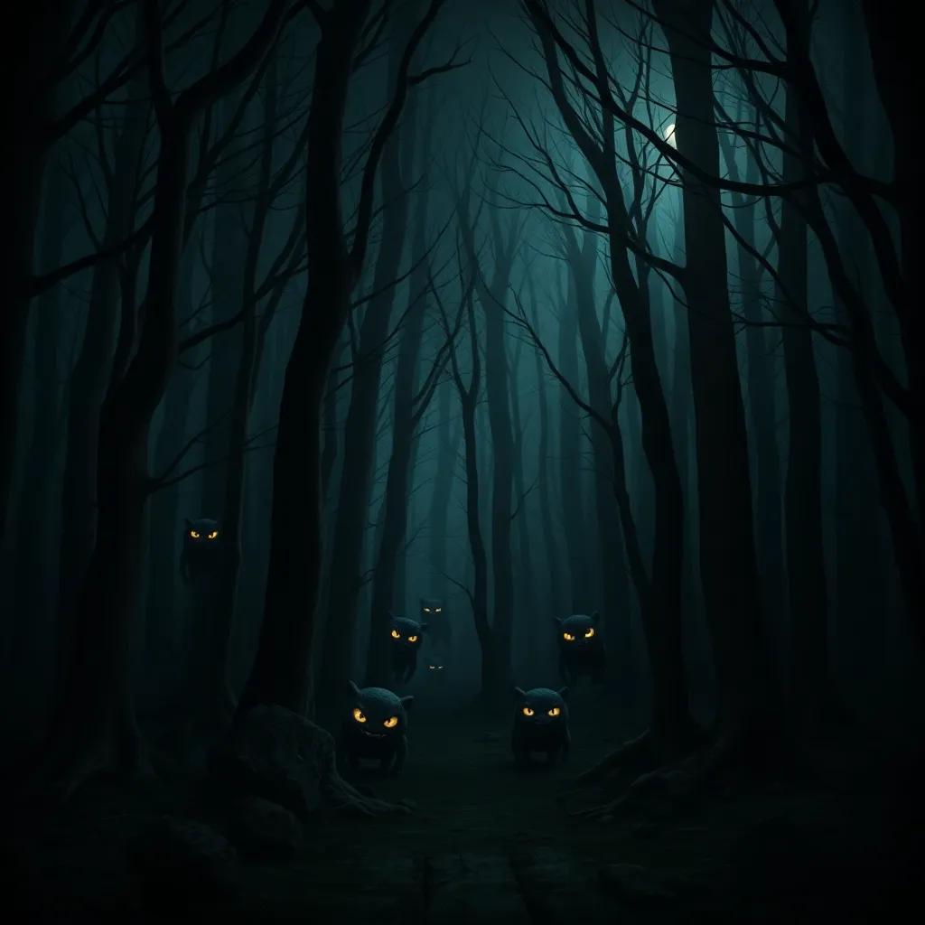 A dark forest filled with shadows and ominous creatures lurking between the trees, glowing eyes peering out, mysterious atmosphere, dark shades with hints of light breaking through, artistic perspective, high quality