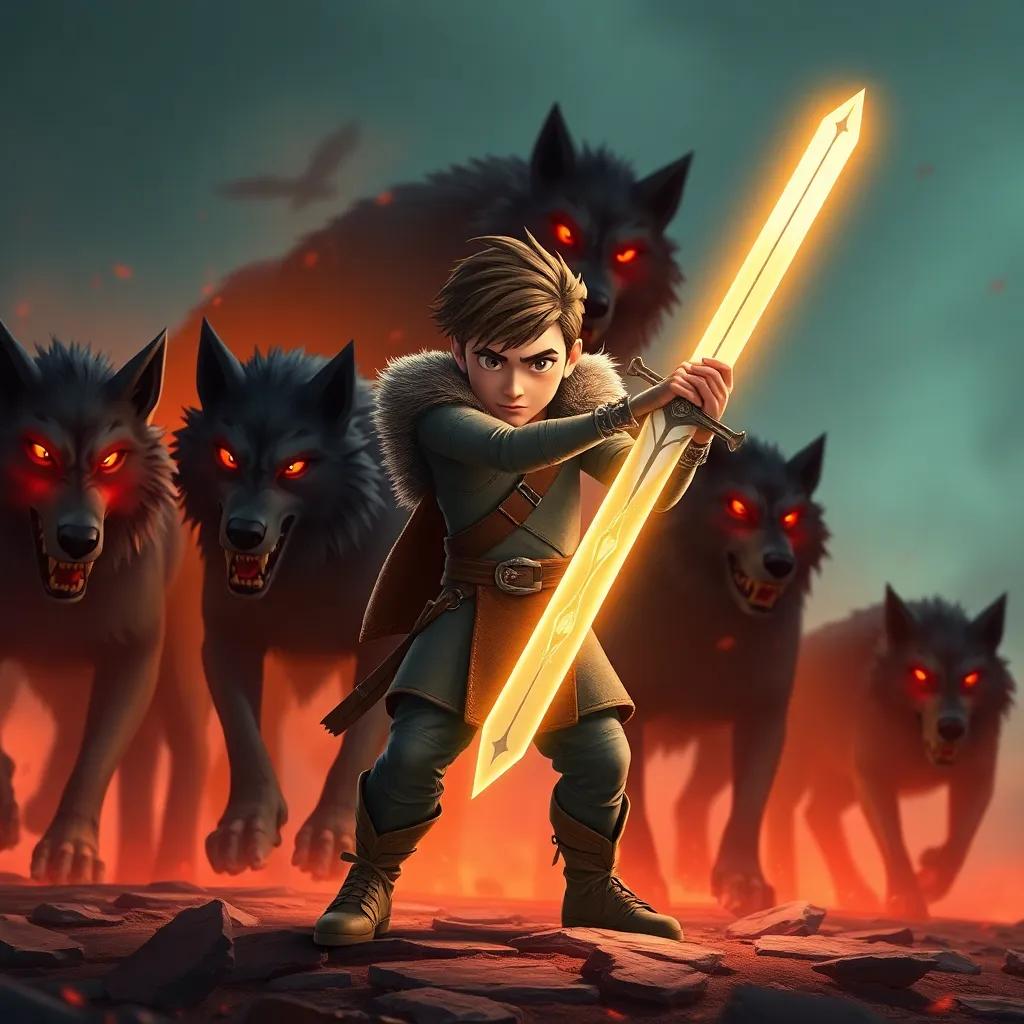 Risk, standing bravely with his glowing sword against a pack of black wolves with fiery red eyes, dynamic action pose, vivid colors, tense atmosphere, high quality