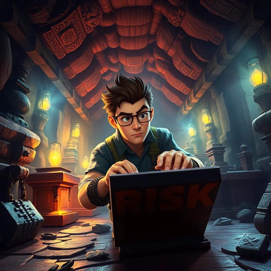 Risk, inside a hidden ancient temple, solving traps and puzzles with a focused expression, surrounded by dark corridors filled with mysterious artifacts, mystical lighting, detailed, colorful, adventure-themed, high quality