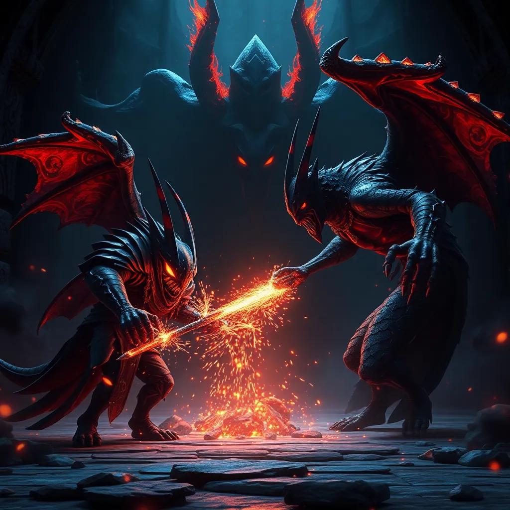 Risk facing the Shadow Guardian, a menacing creature with dark powers, in a dark chamber, epic battle scene with sparks flying from their clash, dramatic lighting, intense colors, highly detailed, high quality