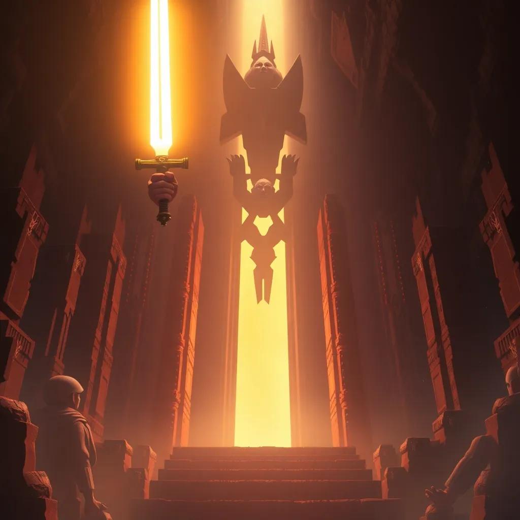 Risk triumphant after defeating the Shadow Guardian, light flooding the dark temple, relieved expression, glowing sword raised high, victorious atmosphere, warm colors, celebratory perspective, high quality