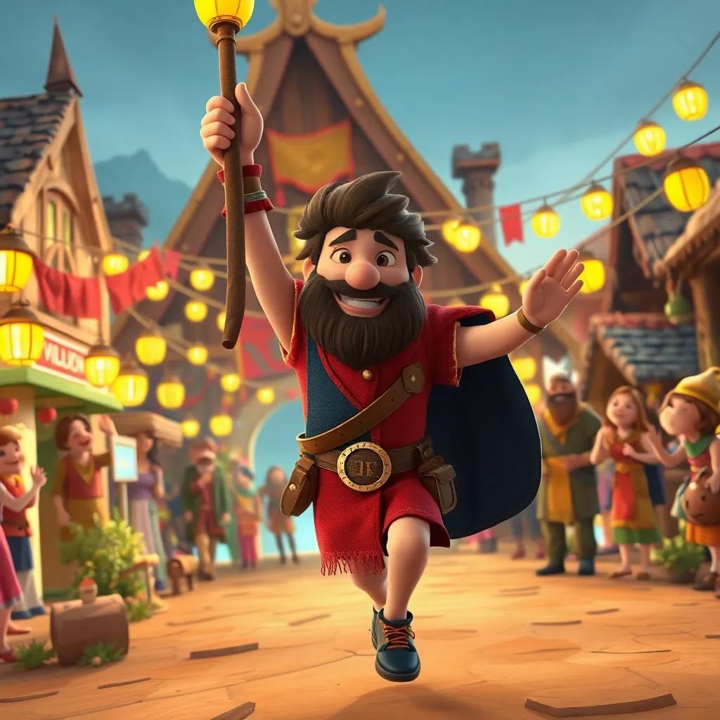Risk, returning to the village, greeted by joyous villagers celebrating his victory, decorated streets with banners and lights, cheerful colors, warm atmosphere, detailed scene, high quality
