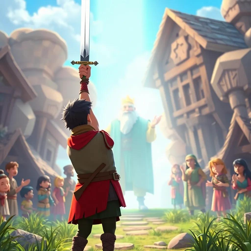 Risk standing proudly with his sword raised, an old king figure appearing beside him in a bright light, surrounded by villagers who are cheering; symbolic scene, bright colors, uplifting feeling, high quality