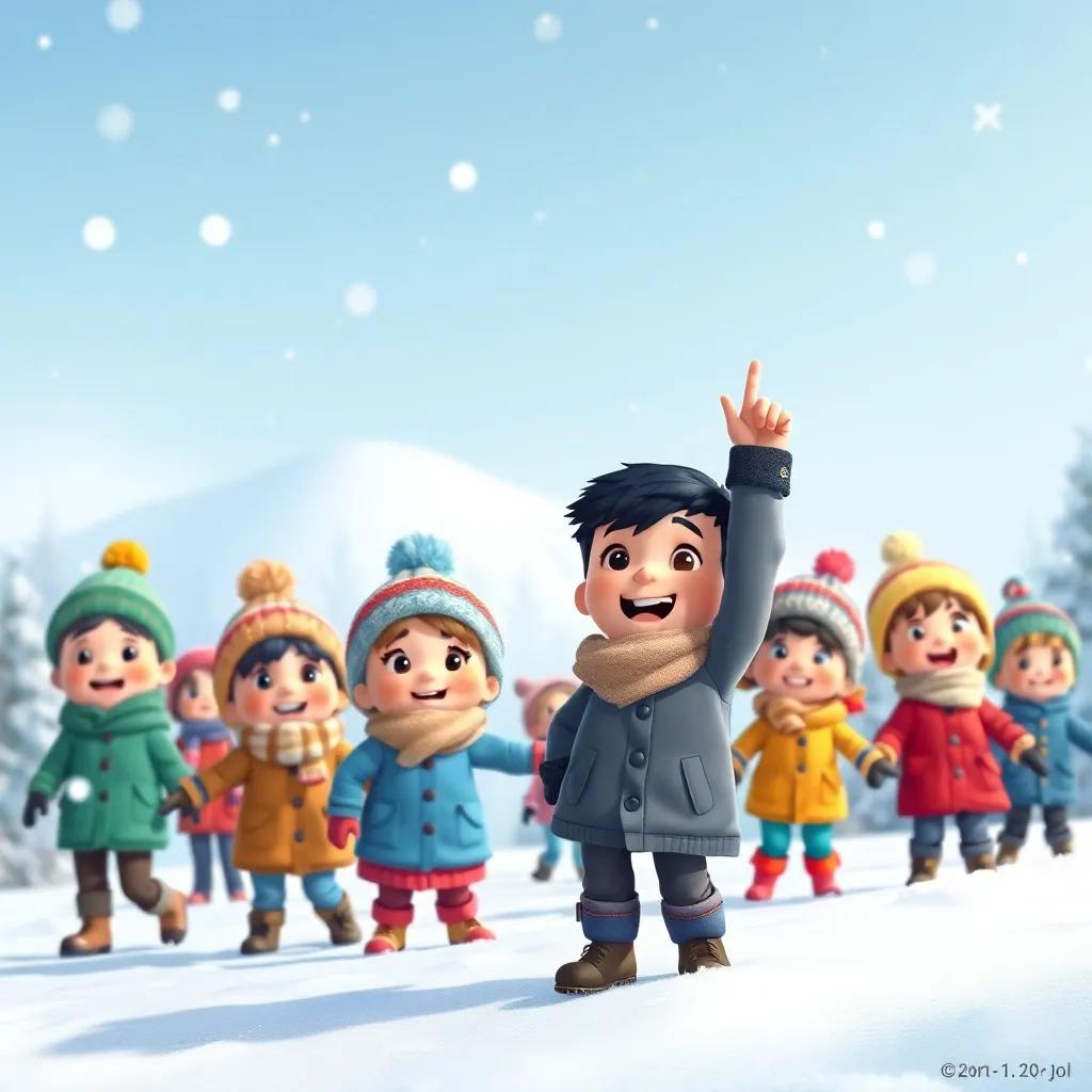 A group of cheerful children playing in the snow, one boy named Pablo pointing to the sky excitedly, wearing winter coats and hats, snowy landscape, joyful atmosphere, illustration, festive